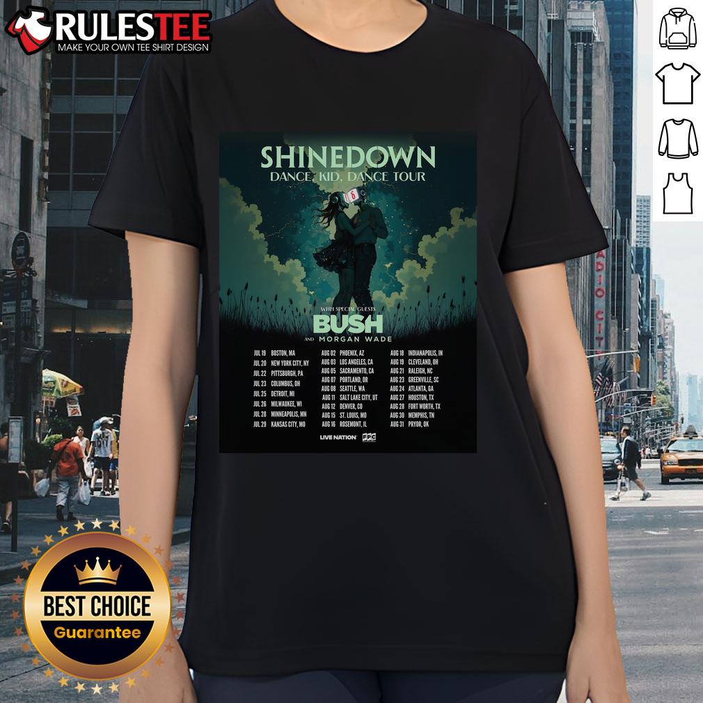 Alt Text: Official Shinedown Tour 2025 poster featuring a stylish ladies tee design with vibrant graphics and tour details.