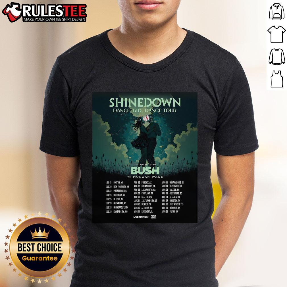 Official Shinedown Tour 2025 Poster T-Shirt featuring vibrant graphics and tour dates, perfect for fans of the band.