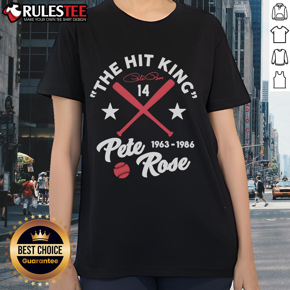 Official Pete Rose Ladies Tee, celebrating The Hit King from 1963-1986, perfect for baseball fans and collectors.