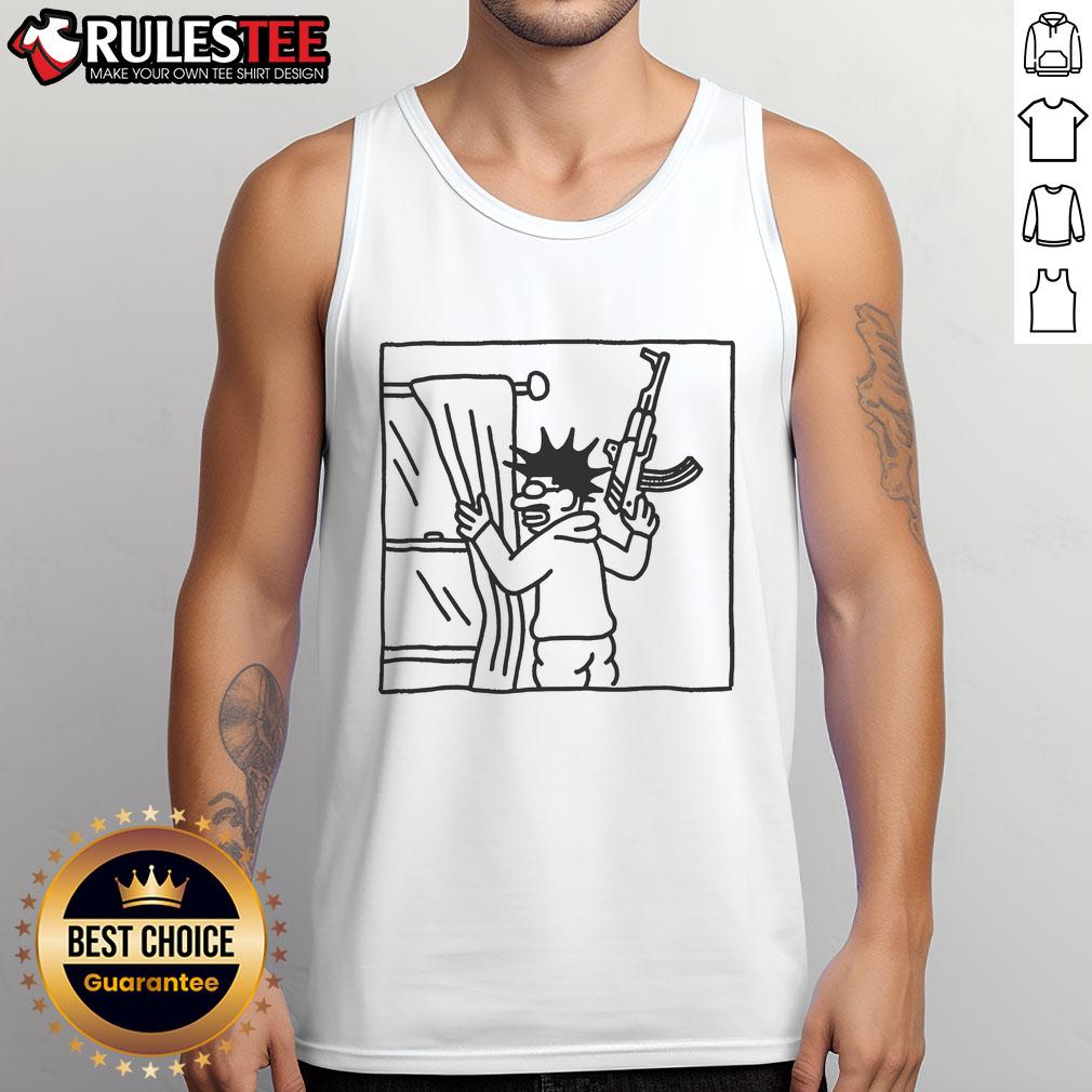 Top-Awful-Whos-That-Peeking-Through-My-Window-Tank-Top featuring a humorous design of a face peeking through a window.
