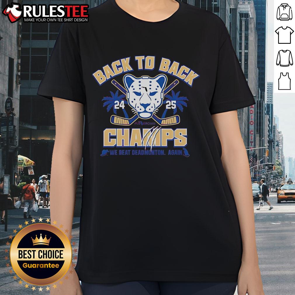 2025 ladies tee celebrating back-to-back championship win against Deadmonton, featuring bold graphic design and team colors.
