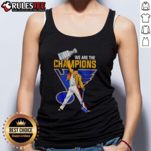 Freddie Mercury 'We Are The Champions' tank top featuring St. Louis Blues logo, perfect for hockey fans and music lovers.