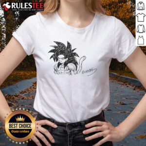 Awesome Goku Super Saiyan 4 graphic on a ladies tee with Akira Toriyama's signature, perfect for Dragon Ball fans.