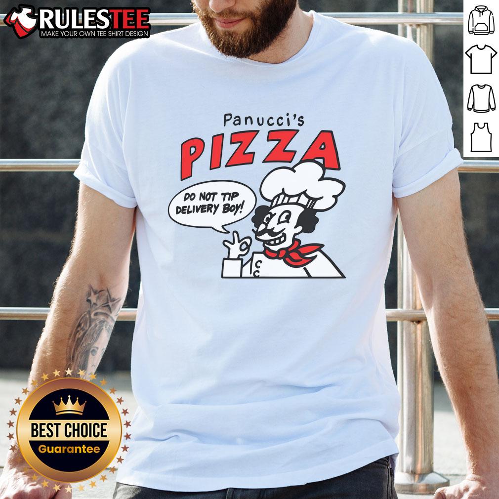 Awesome Panuccis Pizza Chef t-shirt design with 'Do Not Tip Delivery Boy' slogan, perfect for pizza lovers and humor fans.