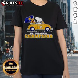 Alt Text: Awesome Snoopy and Woodstock driving a car celebrating Indiana Pacers 2024-25 NBA Finals Champions Ladies Tee