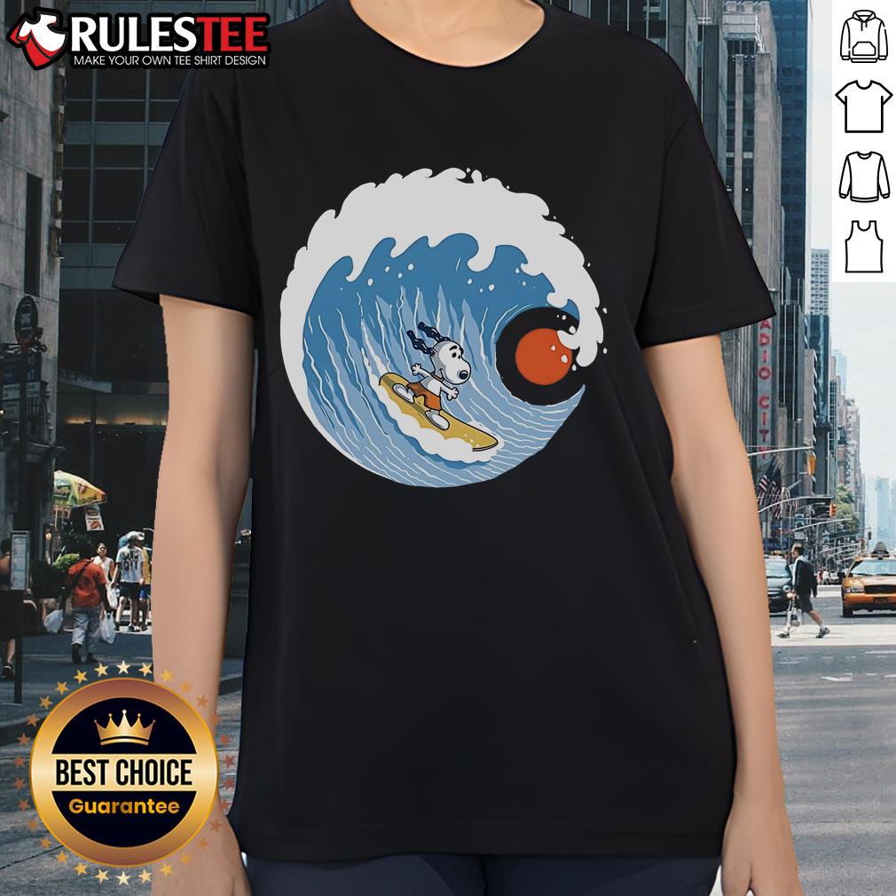 Alt Text: Awesome Snoopy Big Wave Adventure 2 Ladies Tee featuring Snoopy surfing a big wave, perfect for beach lovers.