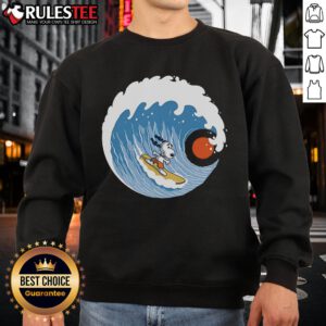 Alt Text: Awesome Snoopy Big Wave Adventure 2 Sweatshirt featuring Snoopy riding a surfboard on a colorful wave design.
