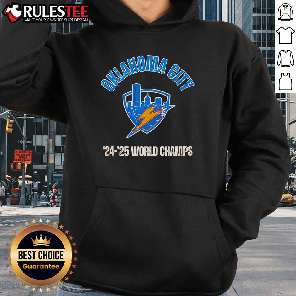 Alt Text: Awesome Thunder Champs 2025 OKC Basketball World Championship locker room hoodie showcasing team pride and style.