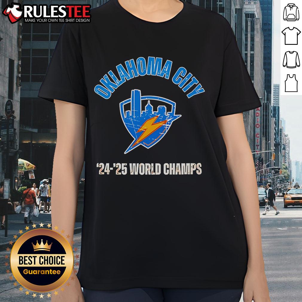 Awesome Thunder Champs 2025 OKC Basketball World Championship locker room ladies tee design featuring vibrant team colors.
