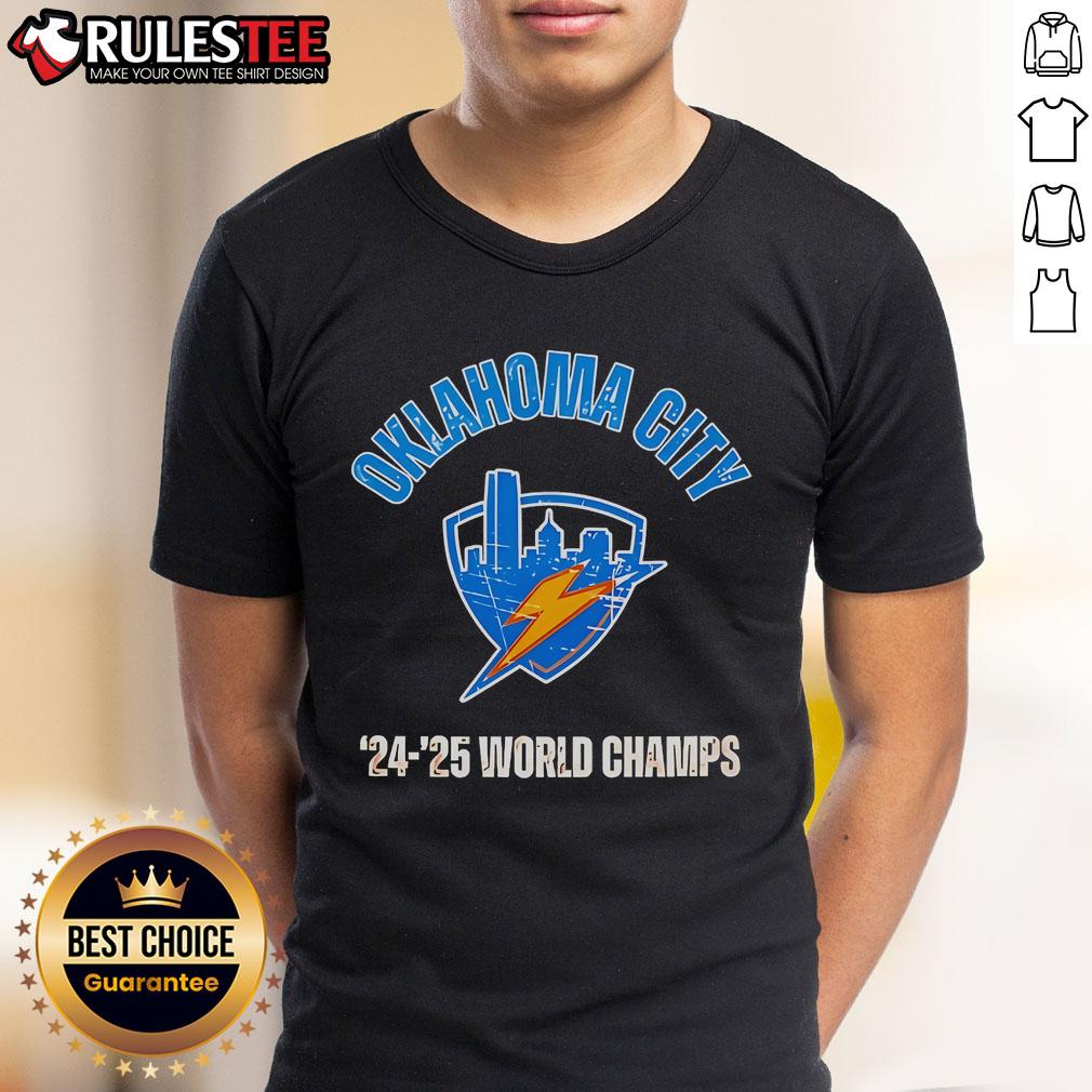 Alt Text: Awesome Thunder Champs 2025 OKC Basketball World Championship locker room T-shirt featuring team logo and vibrant design.