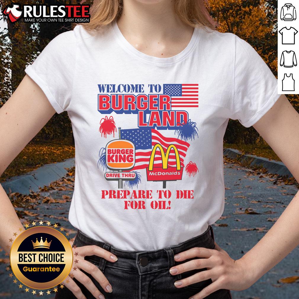 Awesome Welcome to Burgerland Ladies Tee featuring a fun burger graphic and vibrant colors for stylish casual wear.