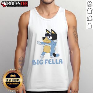 Cute big fella wearing a blue dog tank top, showcasing playful style and comfort for pets.