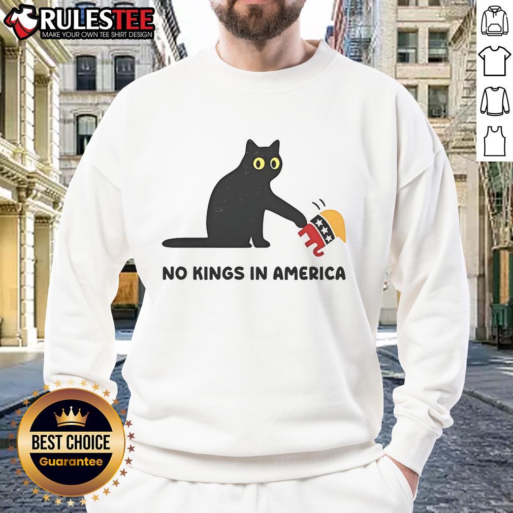 Alt Text: Cute black cat and elephant graphic on 'No Kings in America' sweatshirt, perfect for animal lovers and political humor.