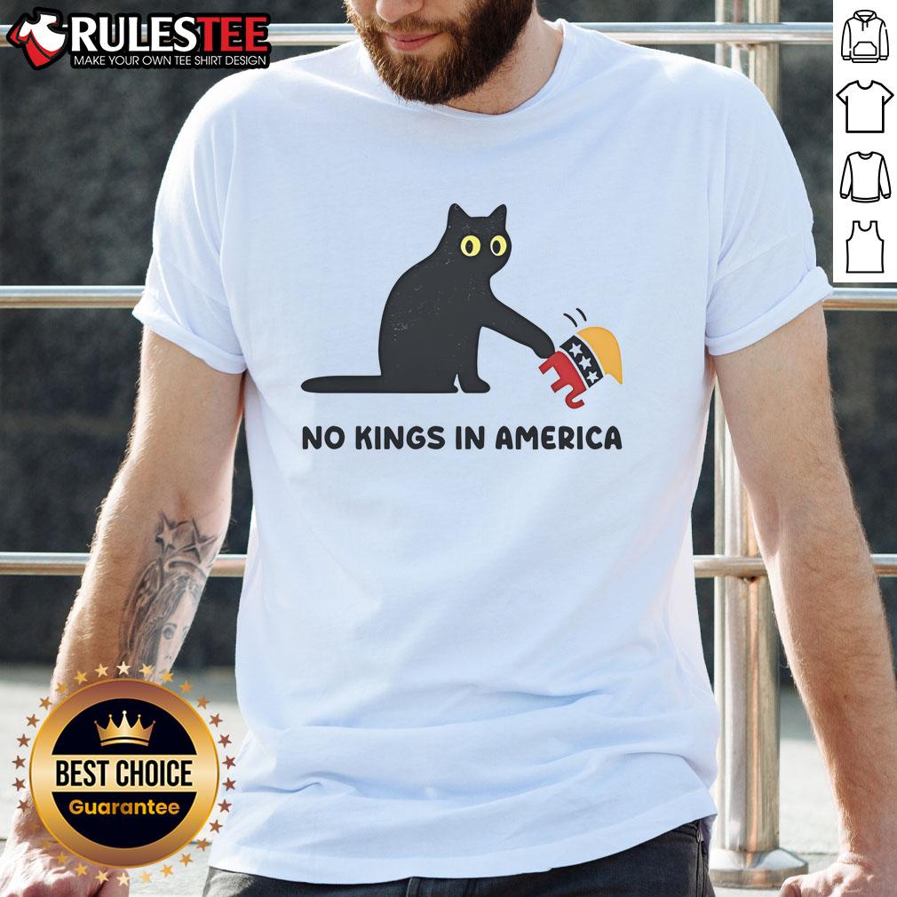 Cute black cat and elephant graphic on a 'No Kings In America' Republican t-shirt, perfect for animal and political humor fans.