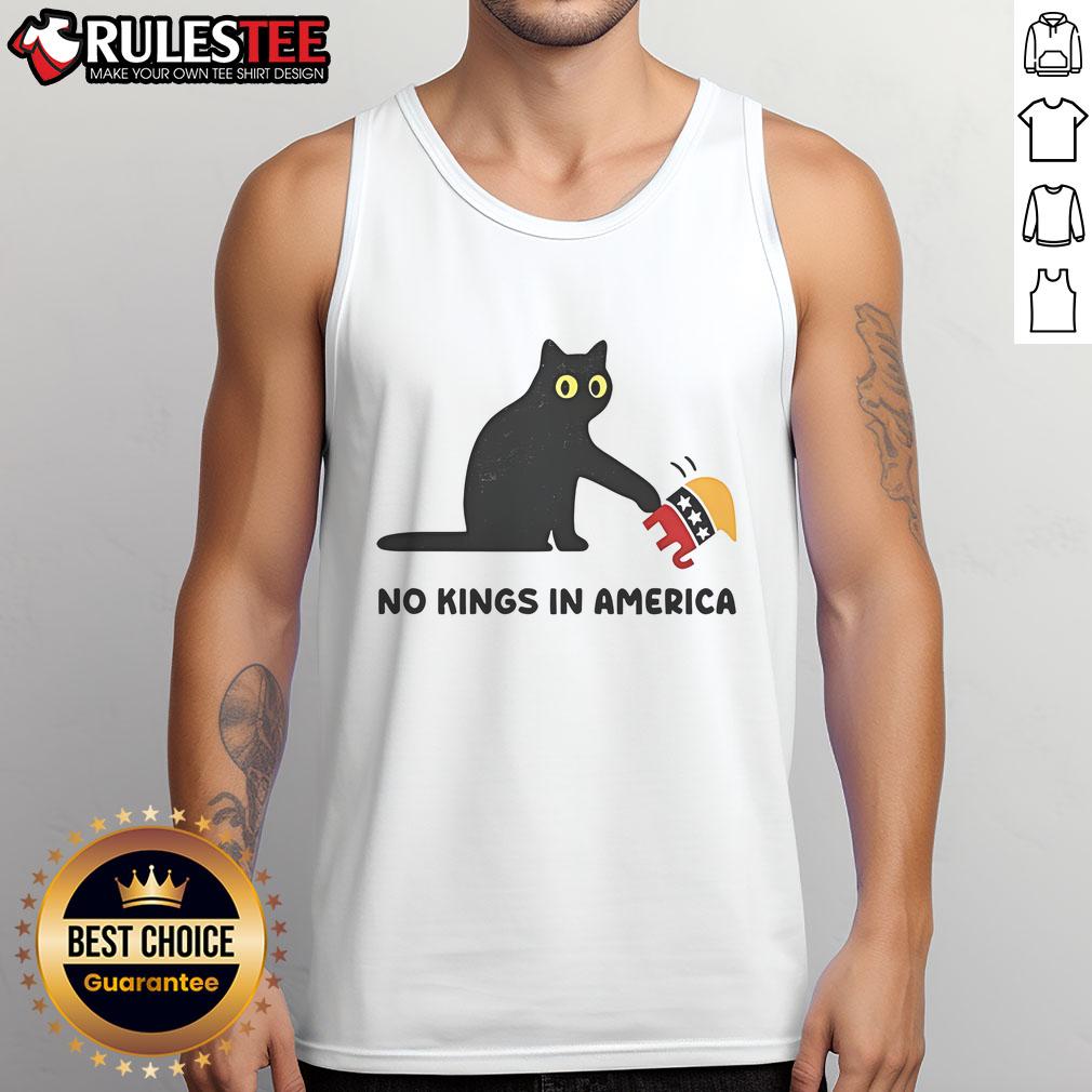 Adorable black cat playfully confronting an elephant on a 'No Kings in America' tank top, highlighting a fun political theme.