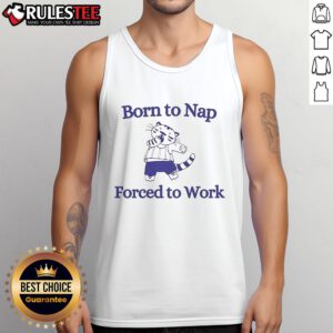 Alt Text: Cute cat tank top featuring 'Born to Nap, Forced to Work' design, perfect for cat lovers and casual wear.