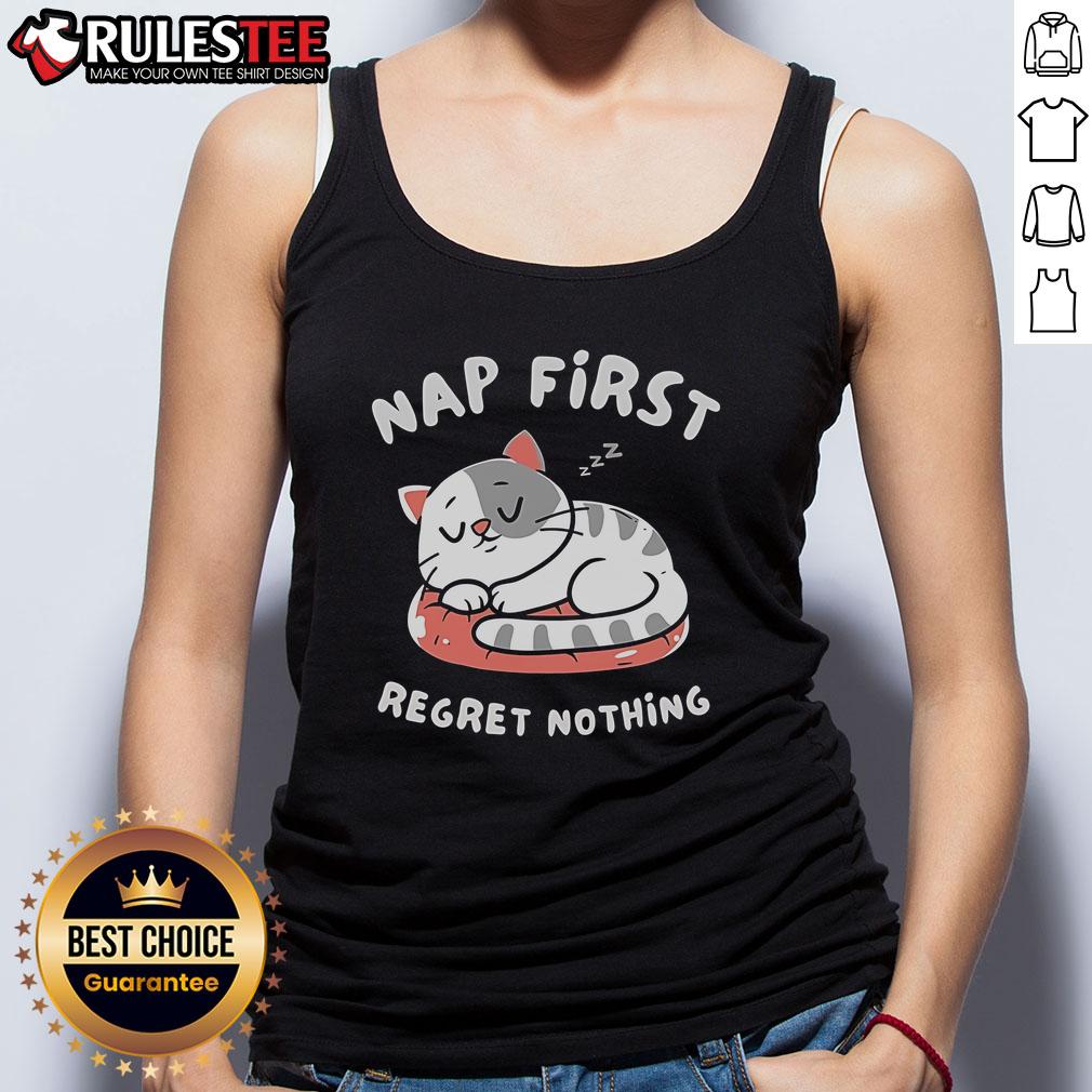 Cute cat nap tank top featuring the phrase 'First Regret Nothing' with an adorable sleeping kitten design. Perfect for cat lovers!