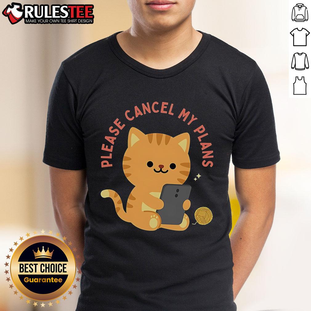 Alt Text: Cute Cat Please Cancel My Plans T-Shirt featuring an adorable cat graphic, perfect for cat lovers and casual wear.