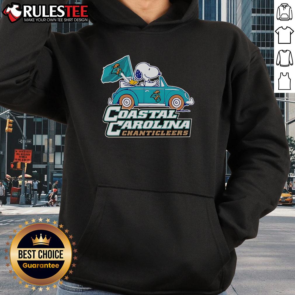 Alt Text: Cute Coastal Carolina Chanticleers hoodie featuring Snoopy and Woodstock driving a car, perfect for fans.