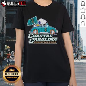 Alt Text: Cute Coastal Carolina Chanticleers tee featuring Snoopy and Woodstock driving a car, perfect for fans.
