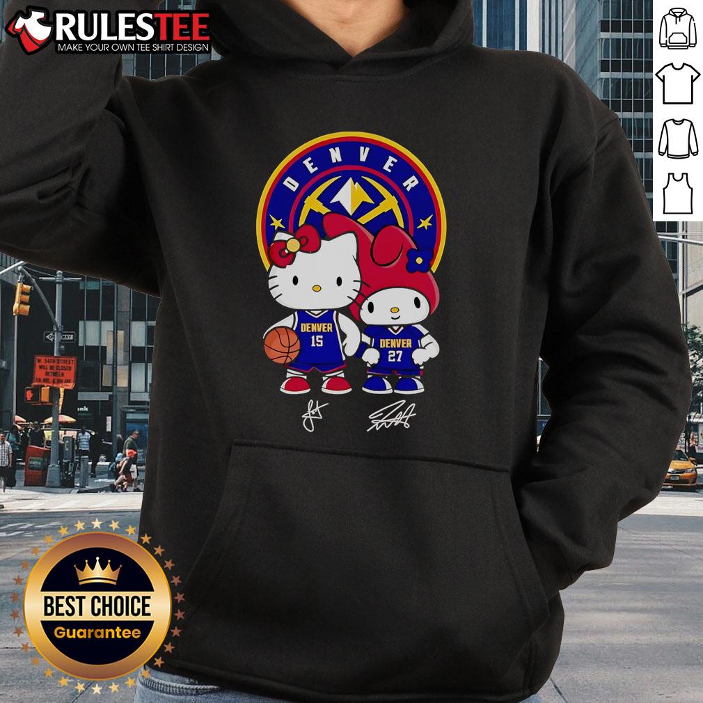 Alt Text: Cute Denver Nuggets hoodie featuring Jokic and Murray with Hello Kitty design, perfect for fans and stylish wear.