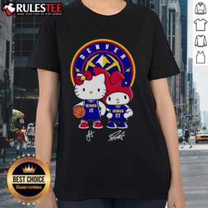 Alt Text: Cute Denver Nuggets Jokic and Murray Hello Kitty signature ladies tee featuring vibrant graphics and team spirit.