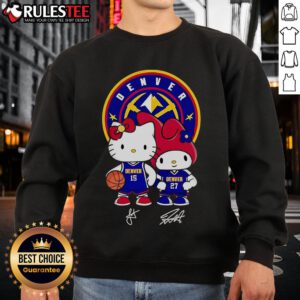 Cute Denver Nuggets Jokic and Murray Hello Kitty signature sweatshirt featuring vibrant graphics and team colors.