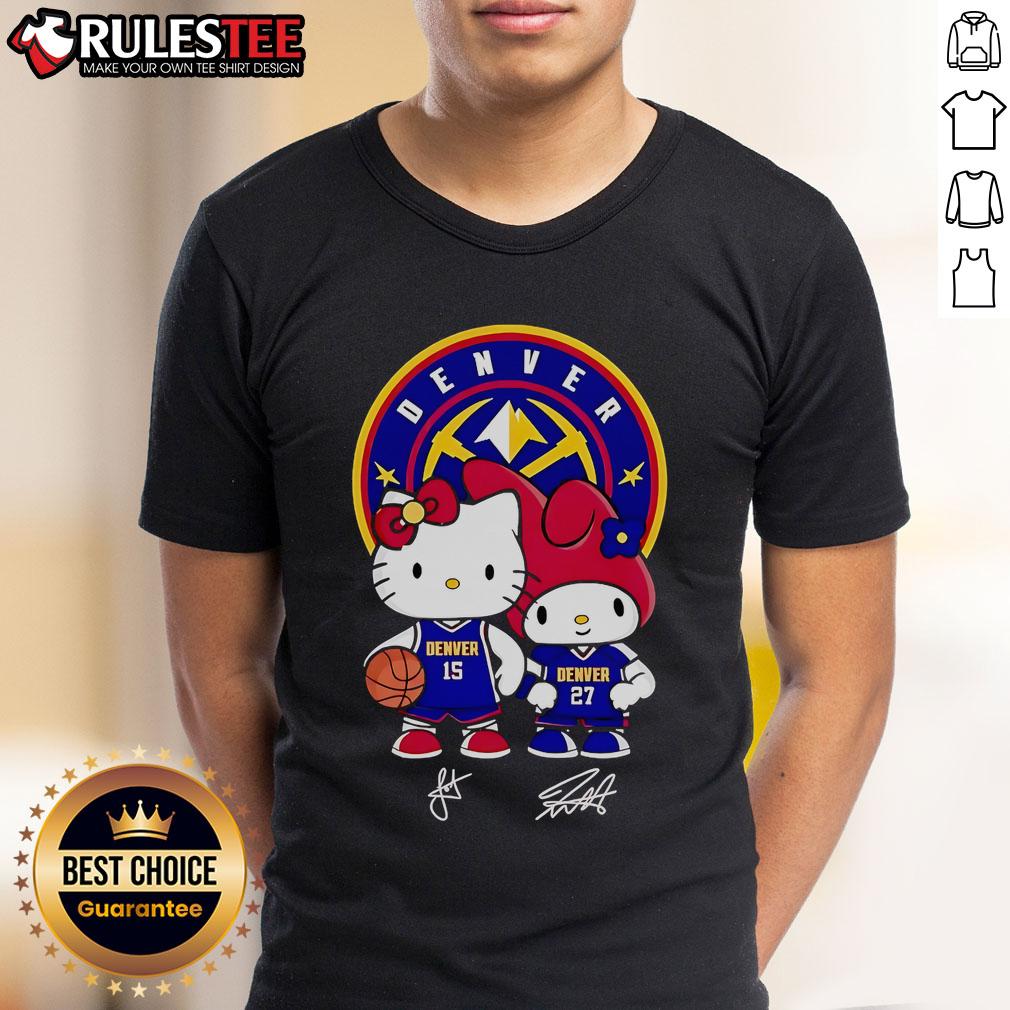 Cute Denver Nuggets Jokic and Murray Hello Kitty signature T-shirt featuring vibrant graphics and team colors.