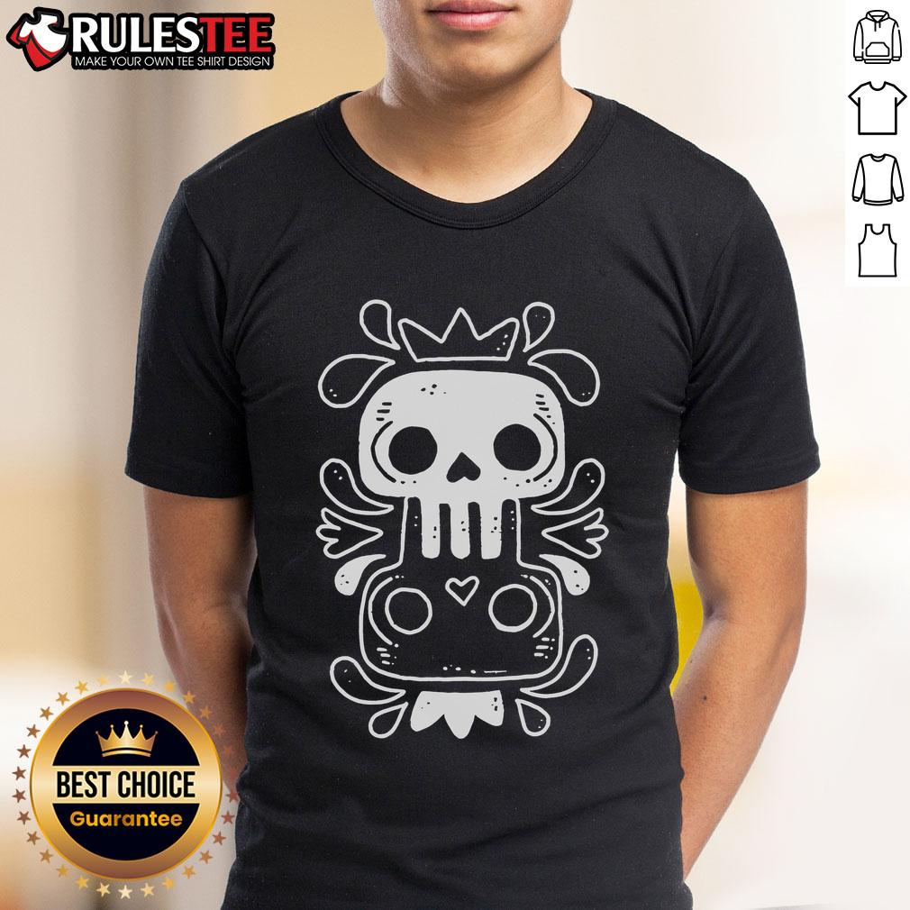 Alt Text: Cute Dos Calaveras Skull T-Shirt featuring colorful skull designs, perfect for Halloween or Day of the Dead celebrations.