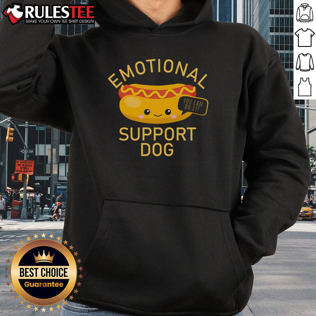 Alt Text: Cute emotional support dog wearing a funny hot dog hoodie, encouraging you with a 'You Can Do It!' message