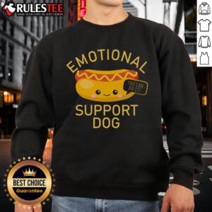 Cute emotional support dog wearing a funny hot dog sweatshirt, inspiring positivity with a 'You Can Do It' message.