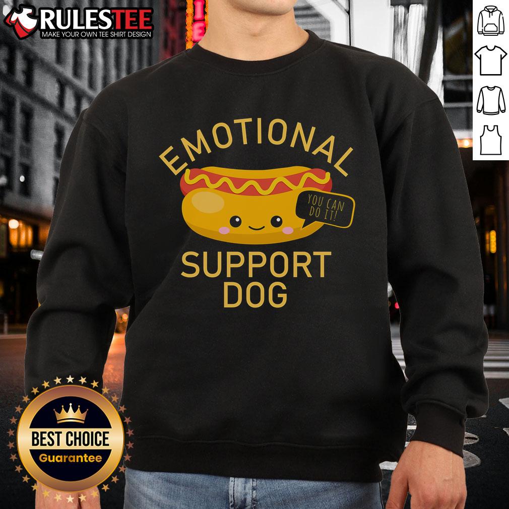Cute emotional support dog wearing a funny hot dog sweatshirt, inspiring positivity with a 'You Can Do It' message.