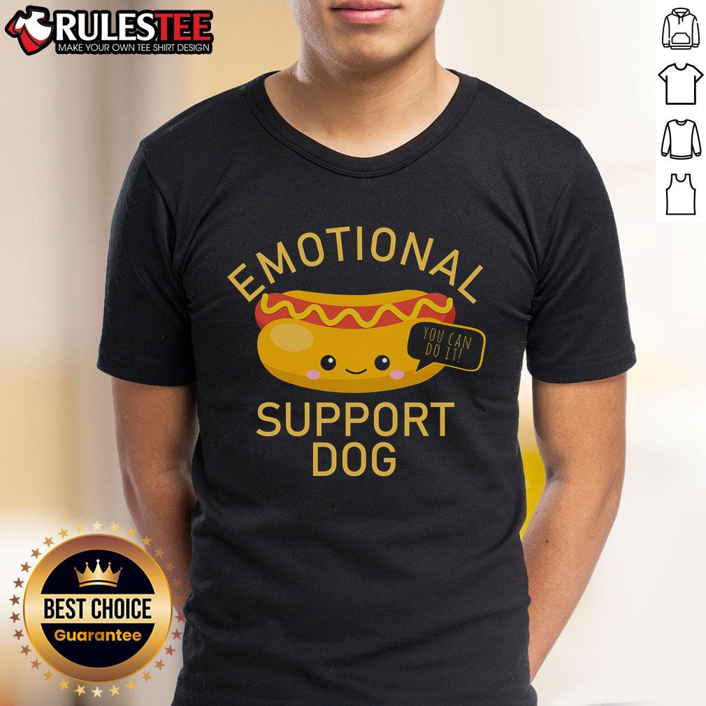 Alt Text: Cute emotional support dog wearing a 'You Can Do It' hot dog t-shirt, spreading positivity and joy.
