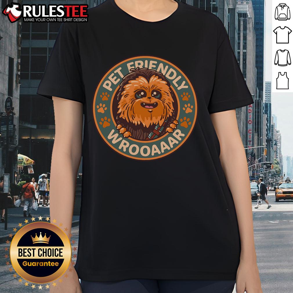 Adorable Wookiee-themed pet-friendly tee for ladies featuring a fun 'Wrooaaar' graphic, perfect for casual wear.