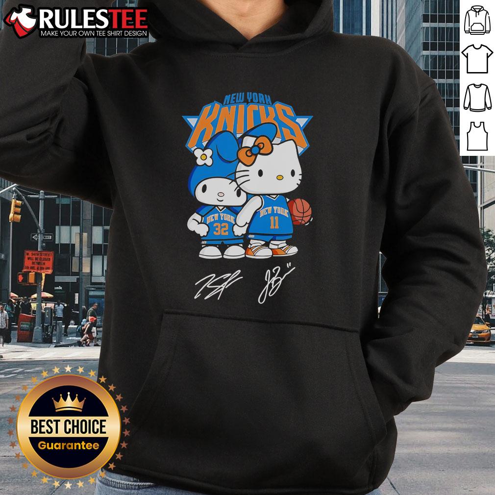 Alt Text: Cute Hello Kitty New York Knicks Basketball hoodie featuring kawaii signatures, perfect for fans and fashion lovers.