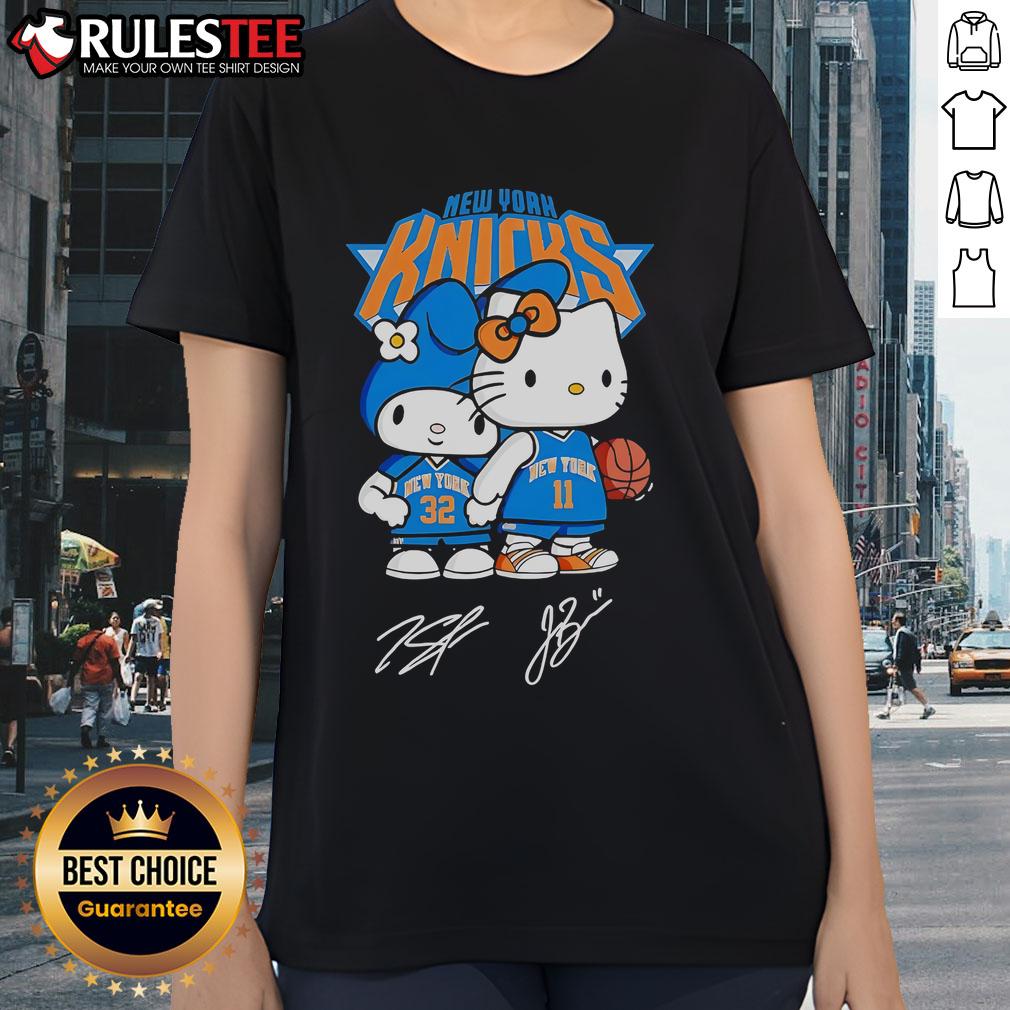 Cute Hello Kitty New York Knicks basketball kawaii signatures ladies tee featuring colorful graphics and playful design.