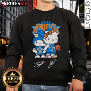 Alt Text: Cute Hello Kitty New York Knicks basketball sweatshirt featuring kawaii signatures, perfect for fans and casual wear.