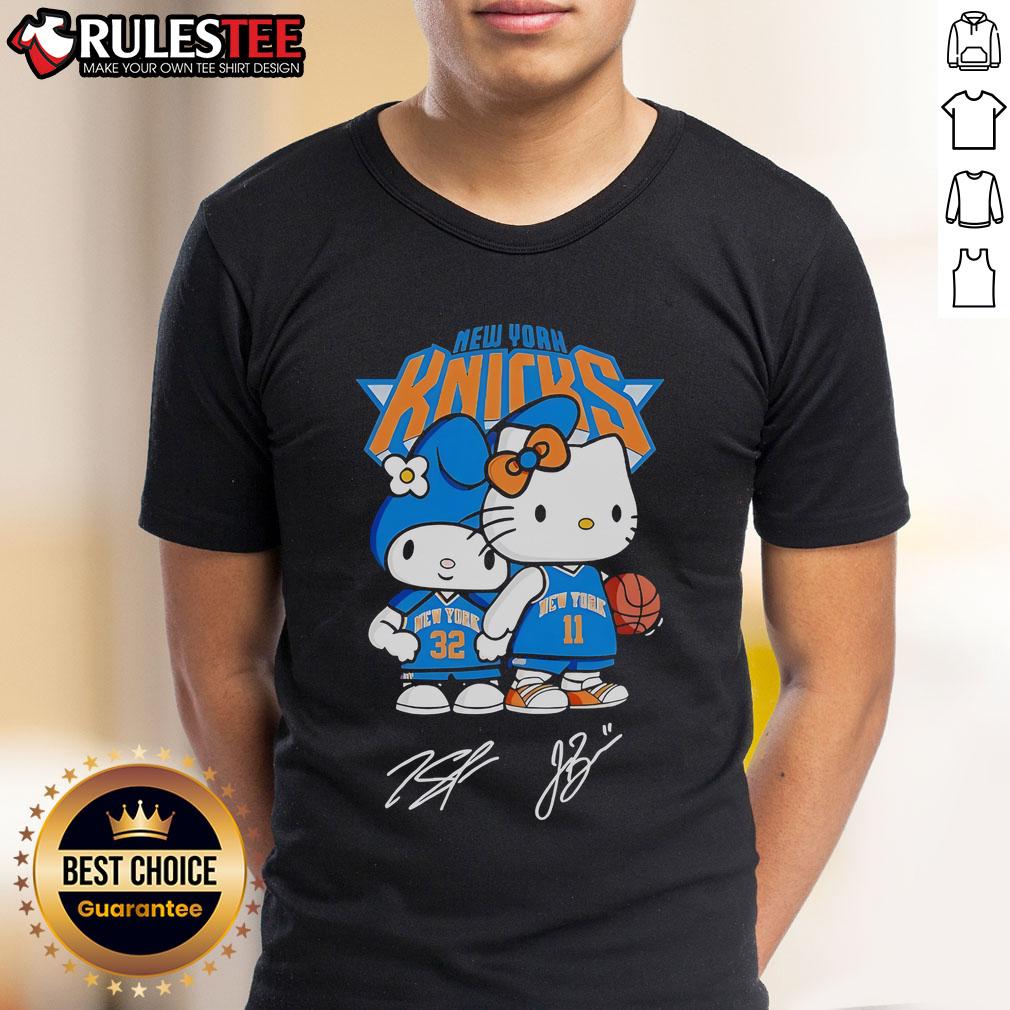 Alt Text: Cute Hello Kitty New York Knicks Basketball Kawaii Signatures T-Shirt featuring playful designs and vibrant team colors.