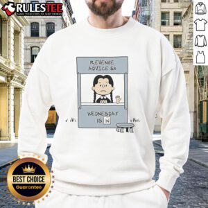Cute Lucy Van Pelt in 'Revenge Advice Wednesday' sweatshirt, showcasing playful style and iconic Peanuts character charm.