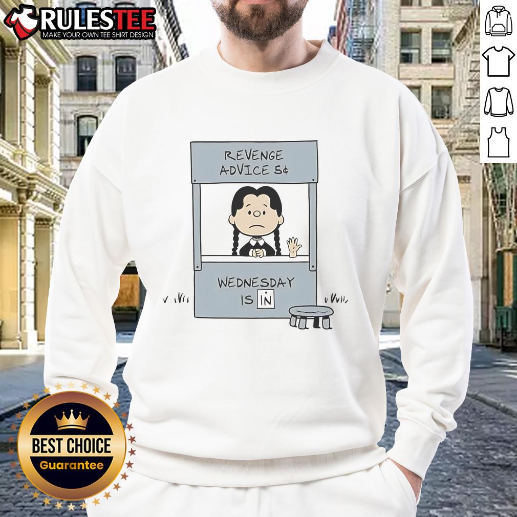 Cute Lucy Van Pelt in 'Revenge Advice Wednesday' sweatshirt, showcasing playful style and iconic Peanuts character charm.