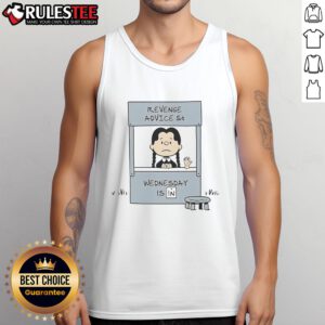 Cute Lucy Van Pelt in a tank top giving revenge advice for Wednesday, showcasing her playful character.