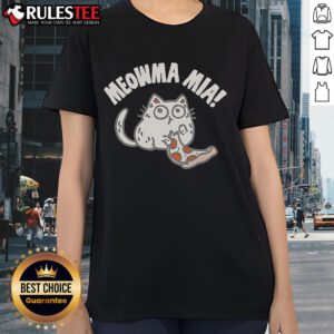 Cute Meowma Mia Pizza Ladies Tee featuring playful cat graphics and vibrant colors, perfect for cat lovers.