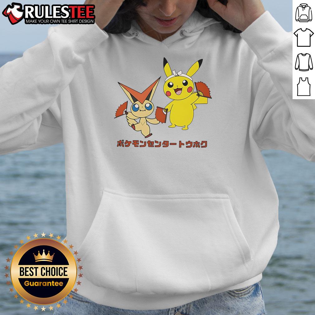 Adorable Pokemon hoodie featuring Victini and Pikachu, perfect for fans seeking cozy, stylish monster apparel.