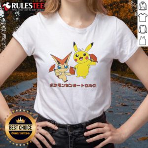 Cute Pokmon Victini and Pikachu graphic on a stylish Monster Ladies Tee, perfect for Pokmon fans.