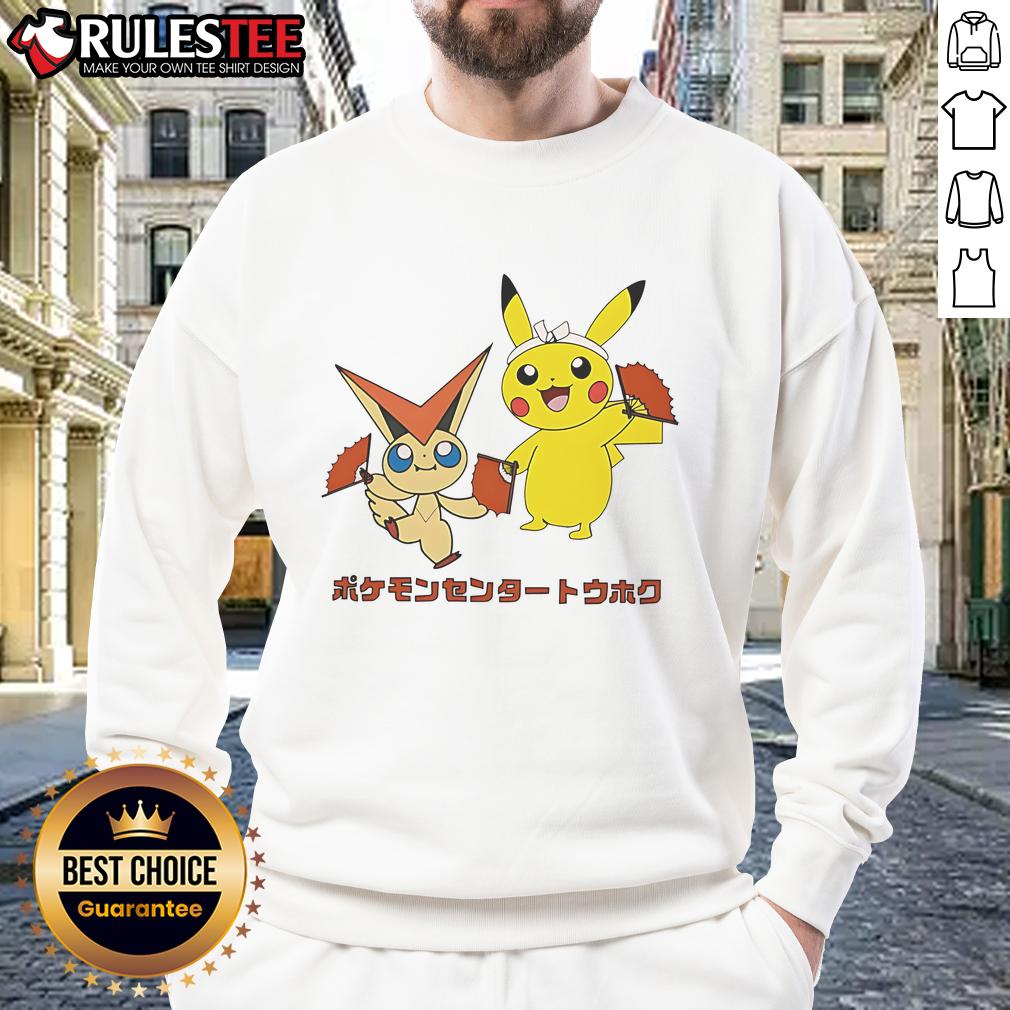 Alt Text: Cute Pokemon Victini and Pikachu monster sweatshirt featuring vibrant colors and playful design for fans.
