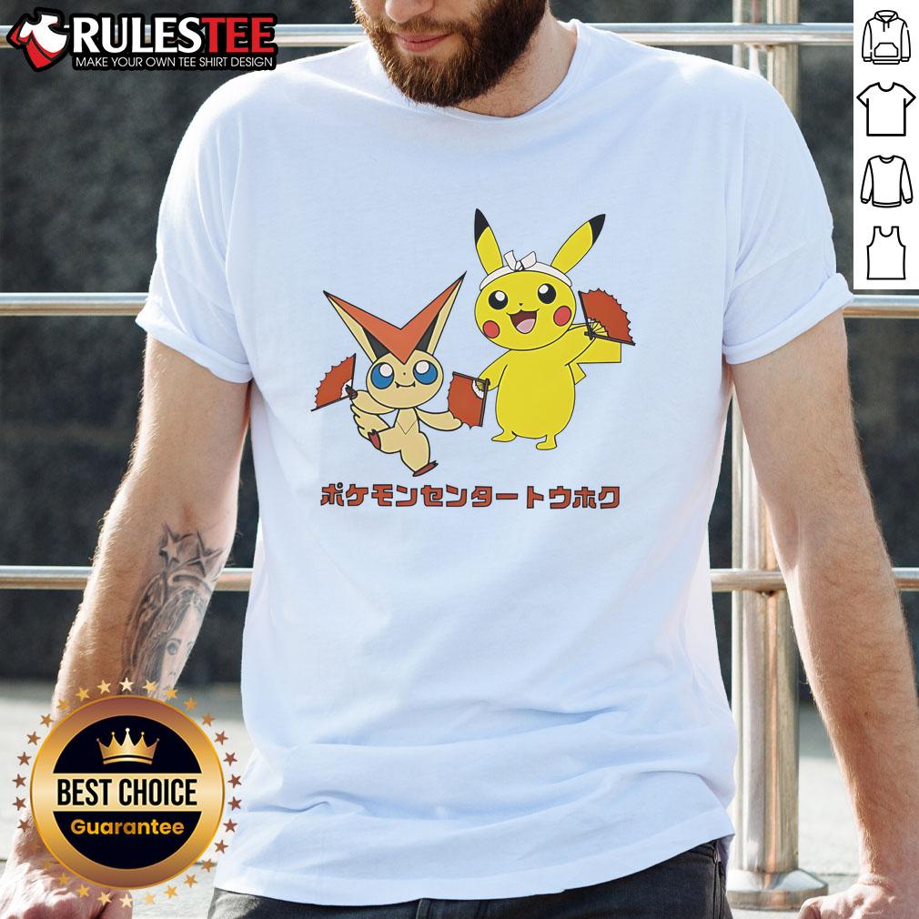 Alt Text: Cute Pokmon Victini and Pikachu monster t-shirt featuring vibrant colors and playful designs for fans of all ages.