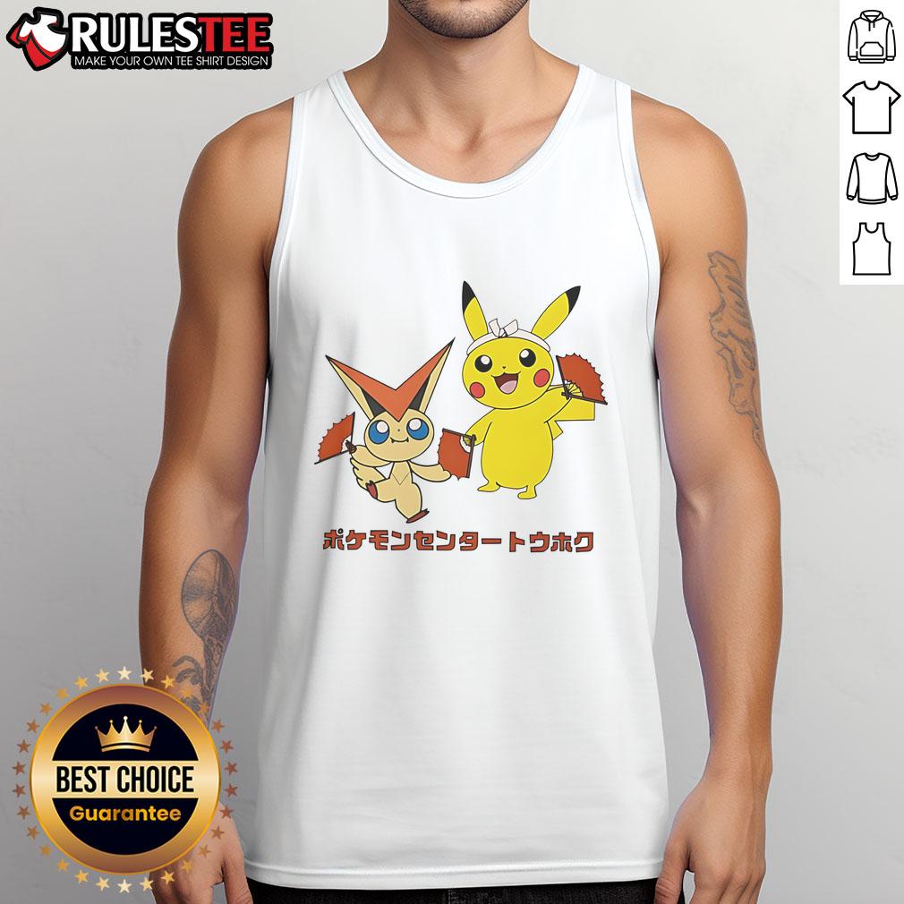Adorable Victini and Pikachu graphic on a monster tank top, perfect for Pokmon fans and stylish summer wear.