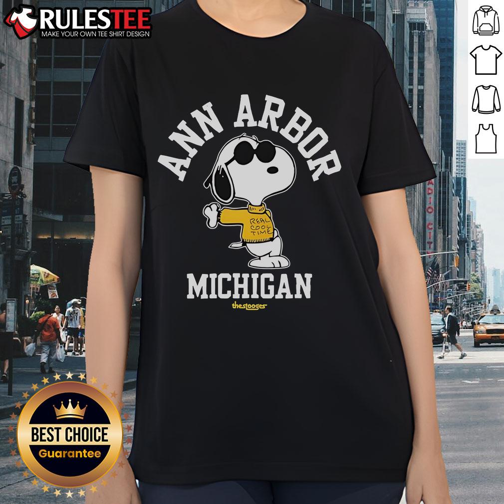 Alt Text: Cute Snoopy Ann Arbor Michigan 2025 Tour Ladies Tee featuring vibrant design, perfect for fans and casual wear.