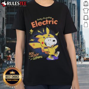 Alt Text: Cute Snoopy Today I'm Feeling Electric High Voltage Cuteness Ladies Tee featuring vibrant graphics and playful design.