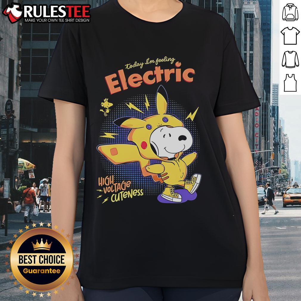 Alt Text: Cute Snoopy Today I'm Feeling Electric High Voltage Cuteness Ladies Tee featuring vibrant graphics and playful design.